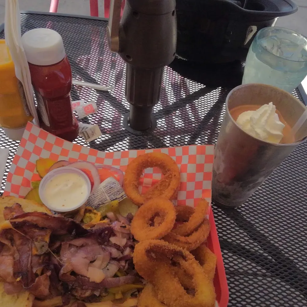 Biker Burger Onion Rings and a Chocolate Shake