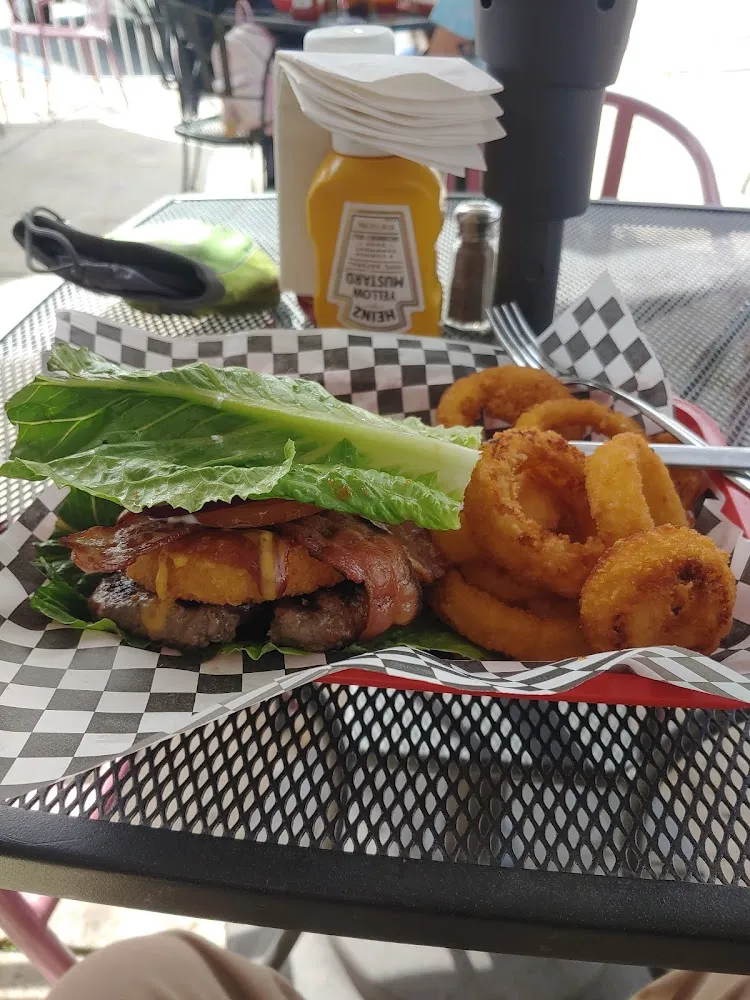 Lettuce Wrapped Tex Burger with Onion Rings